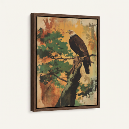 Framed bald eagle autumn canvas wall art – vintage wildlife oil painting with rust and green tones by Aurewall