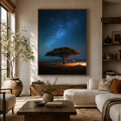 African savanna starry sky canvas wall art in living room – night landscape with lone acacia and Milky Way displayed above sofa by Aurewall
