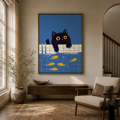 Funny black cat peering at goldfish wall art displayed in a cozy entryway with dried branch decor