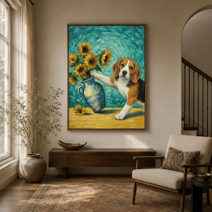 Whimsical dog wall art with expressive brushstrokes hanging in cozy entryway with arched doorway