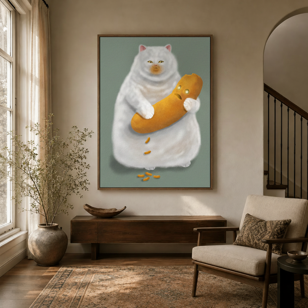 Whimsical chubby cat wall art hanging in a cozy entryway with arched doorway