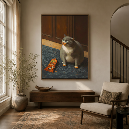 Guilty cat eating Cheetos framed canvas in modern entryway, dark walnut float frame, hallway decor