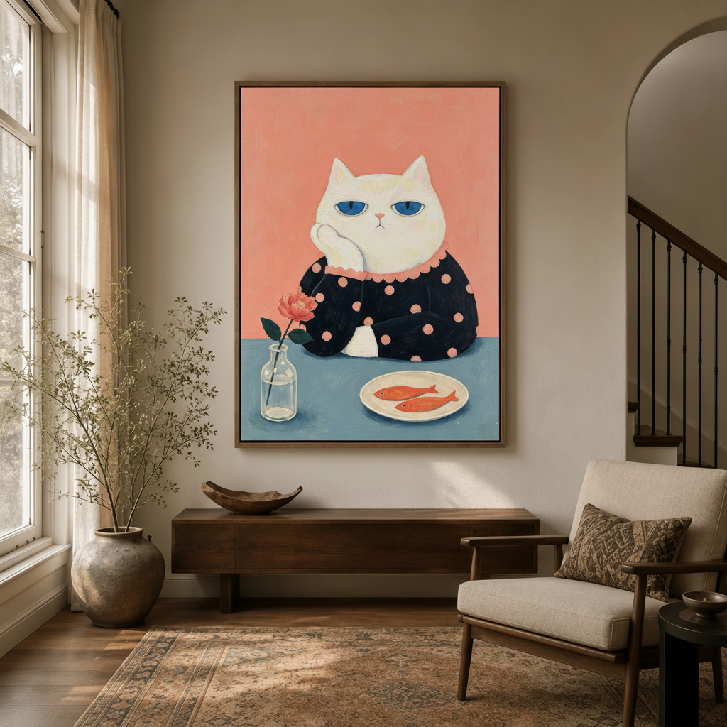 Folk art cat wall art in floating frame displayed in a cozy entryway with arched doorway