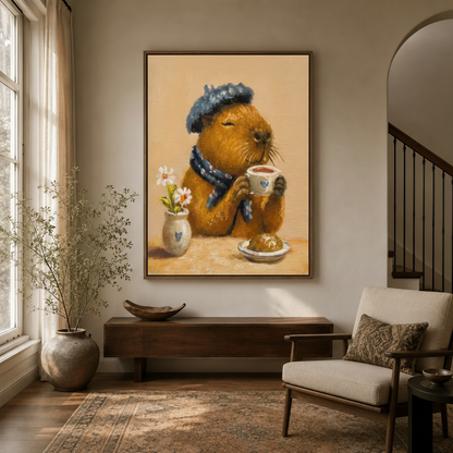 Cute capybara sipping tea framed canvas in modern entryway, dark walnut float frame, hallway decor