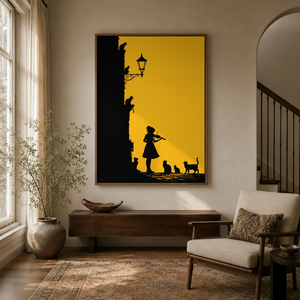 Fantasy knight with black cats canvas hanging in a bright entryway with staircase and arched doorway