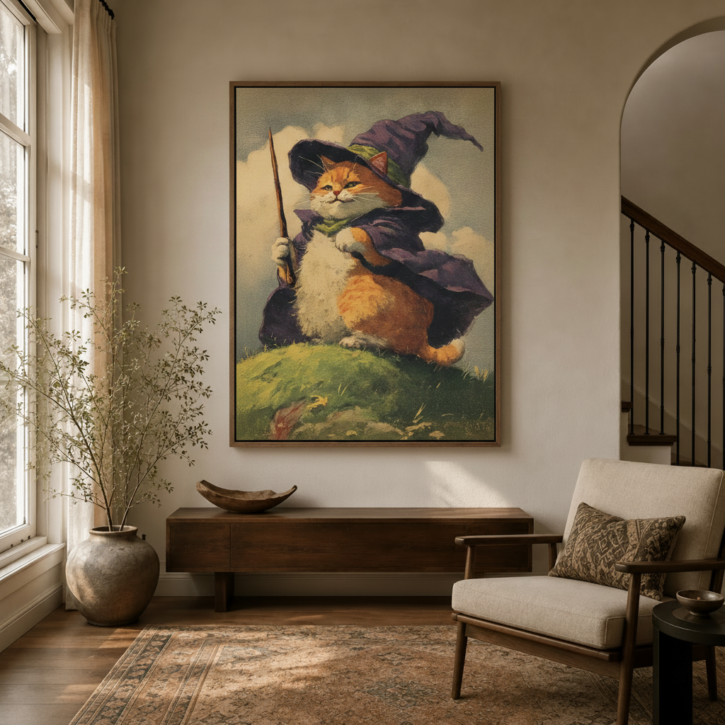 Whimsical cat wizard wall art framed canvas displayed in bright modern entryway