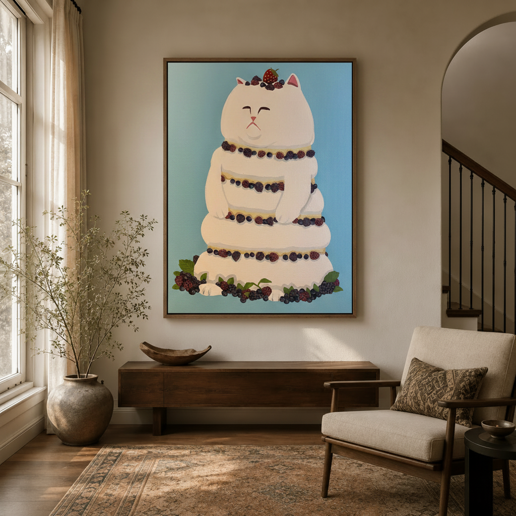 Cat cake framed canvas art hanging in a bright entryway with arched doorway and wooden staircase