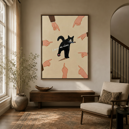 Leave me alone cat wall art in dark walnut float frame hanging in cozy entryway with arched doorway