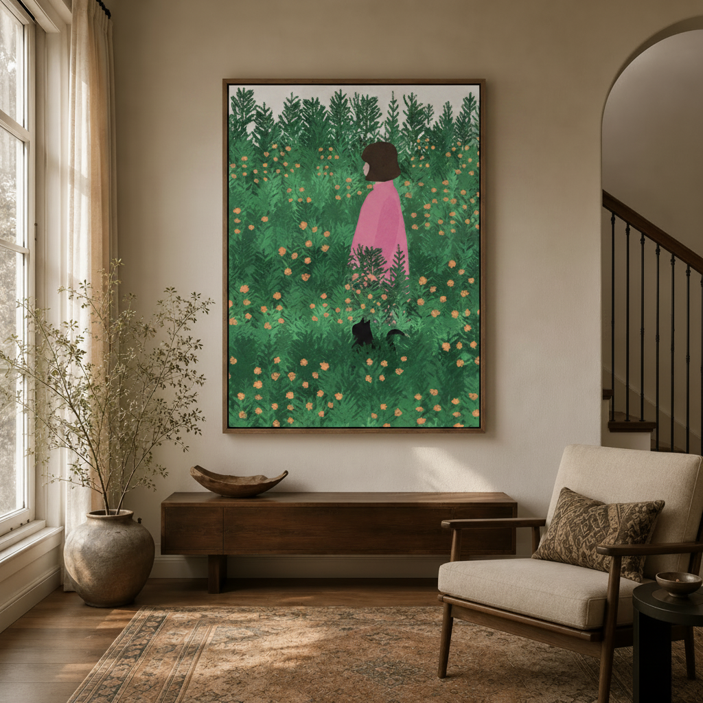 Whimsical flat illustration canvas wall art hanging in a neutral-toned entryway with wooden furniture