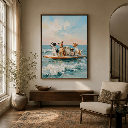  Five dogs on surfboard coastal wall art hanging in a cozy entryway with arched doorway