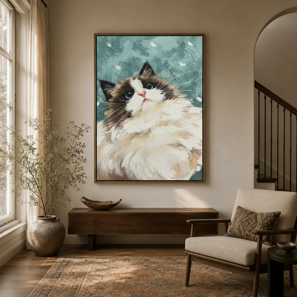 Framed whimsical cat portrait with teal background displayed in a bright entryway hallway