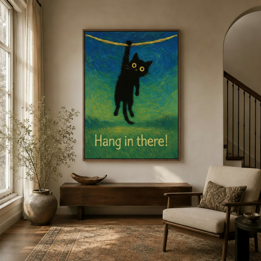 Funny black cat wall art in hallway – Van Gogh style whimsical canvas print by Aurewall