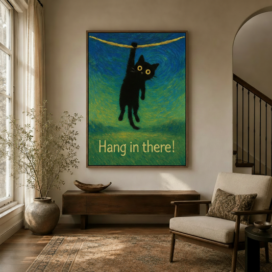 Funny black cat wall art in hallway – Van Gogh style whimsical canvas print by Aurewall