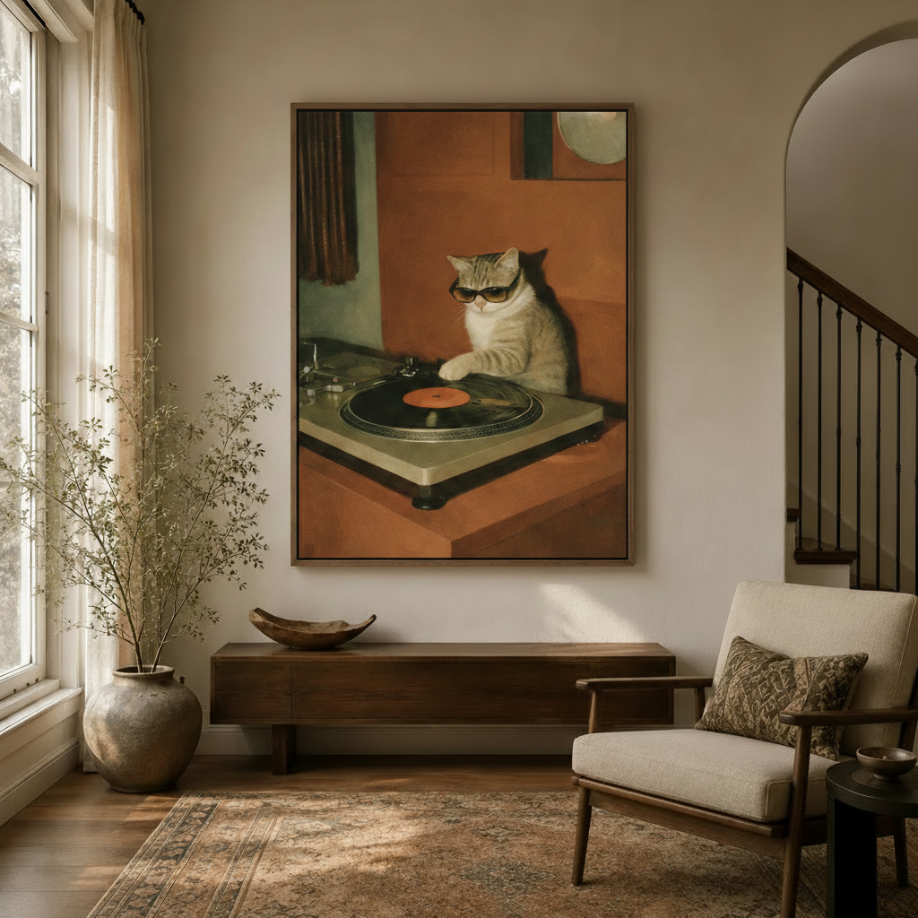 Funny DJ cat spinning vinyl record canvas art in a sunlit entryway – retro vintage wall art by Aurewall