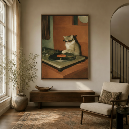 Funny DJ cat spinning vinyl record canvas art in a sunlit entryway – retro vintage wall art by Aurewall