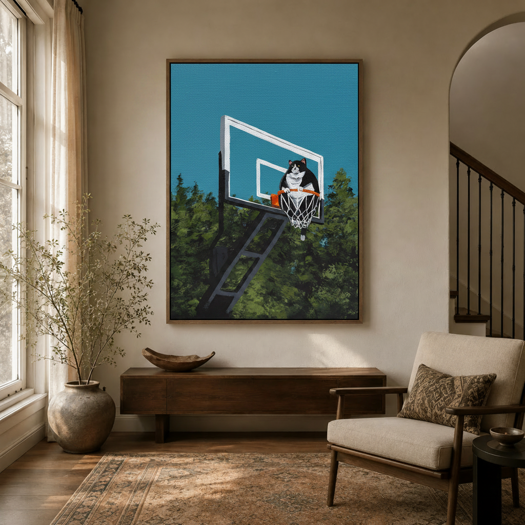 Whimsical tuxedo cat basketball hoop painting hanging in a cozy entryway above a walnut console