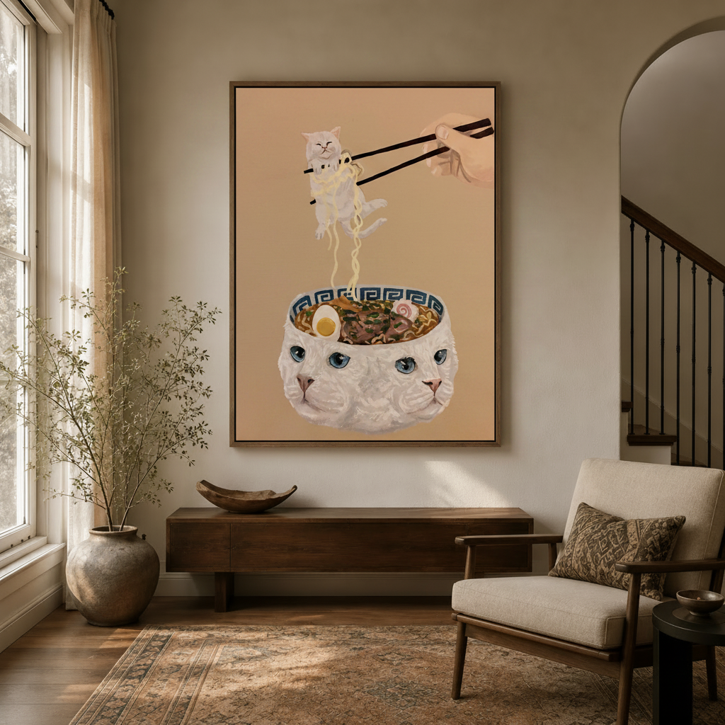 Funny cat chopsticks ramen wall art hanging in a modern entryway with arched doorway