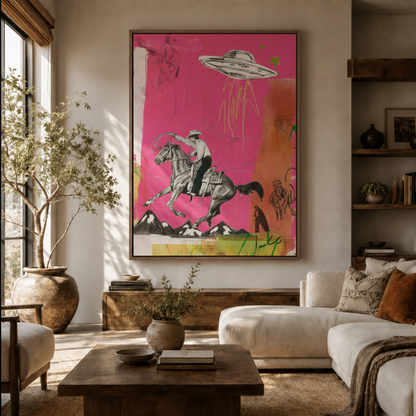 Pink cowboy UFO canvas wall art in living room – bold surreal pop art print displayed above sofa by Aurewall