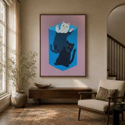 Funny cat tower drowning wall art hanging in a bright entryway with arched doorway