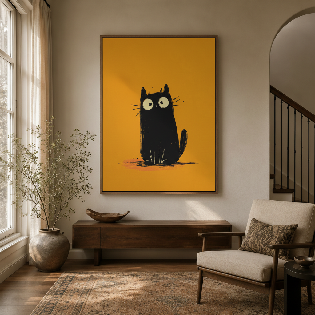Funny black cat canvas art displayed in a cozy entryway with arched doorway and linen chair
