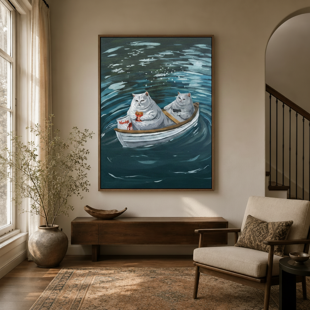Chubby cats in rowboat wall art hung above dark console table in modern entryway