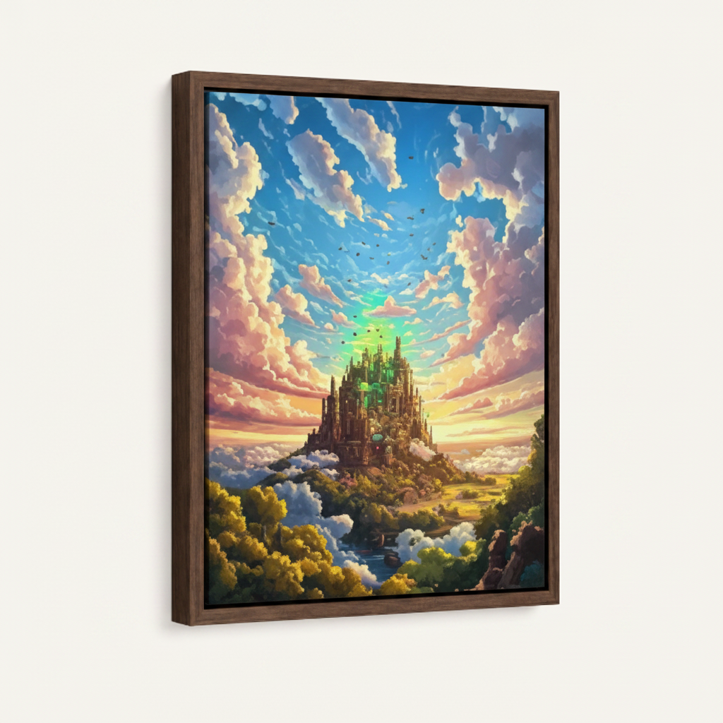 Fantasy castle framed canvas wall art – magical gothic green towers rising above pink clouds with golden sky by Aurewall