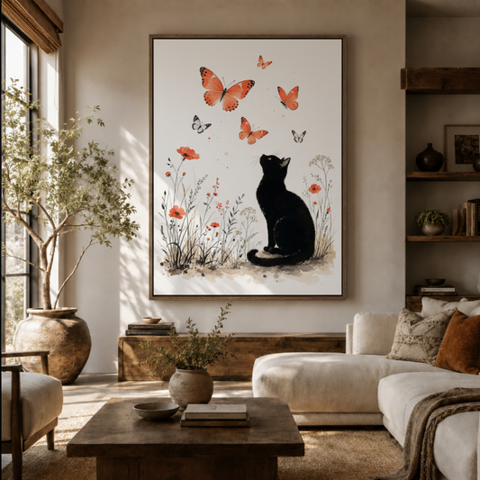 Black cat butterfly floral canvas wall art in living room – botanical illustration with black cat and coral butterflies displayed above sofa by Aurewall