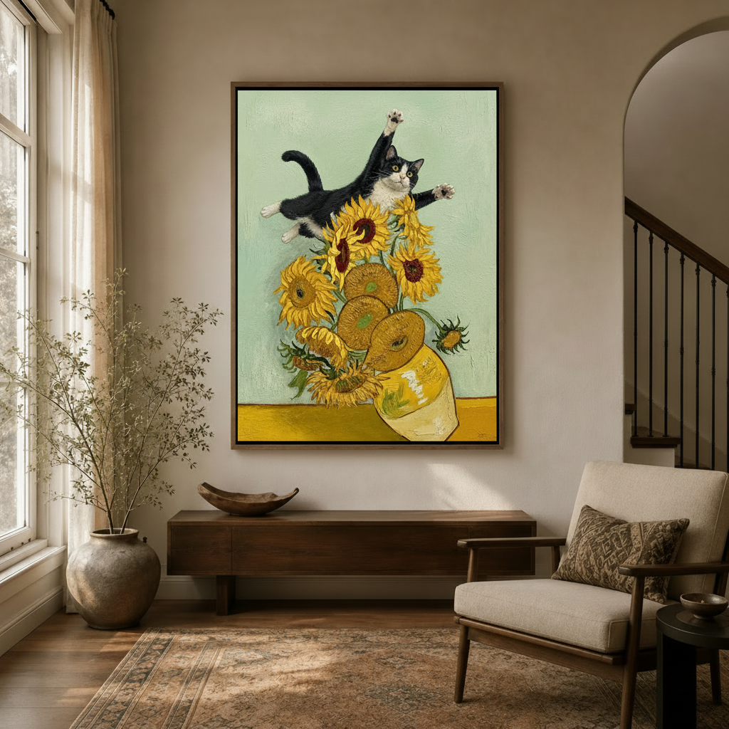 Framed tuxedo cat and sunflower oil style wall art hung in bright entryway with walnut furniture and arched doorway
