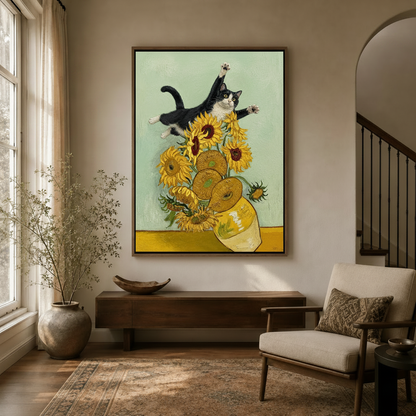 Framed tuxedo cat and sunflower oil style wall art hung in bright entryway with walnut furniture and arched doorway