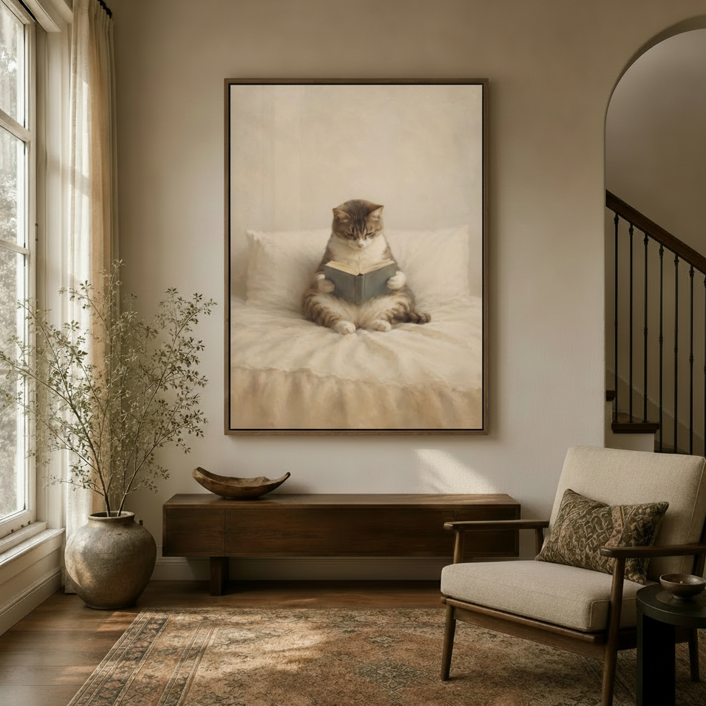 Framed cat canvas print hanging in a cozy entryway with arched doorway and wooden staircase