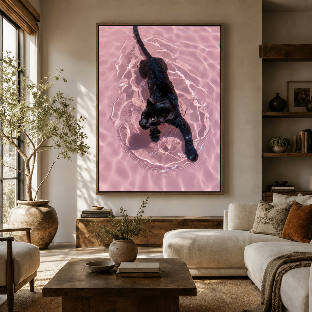 Bold wildlife canvas print of black panther in pink water displayed in Japandi living room