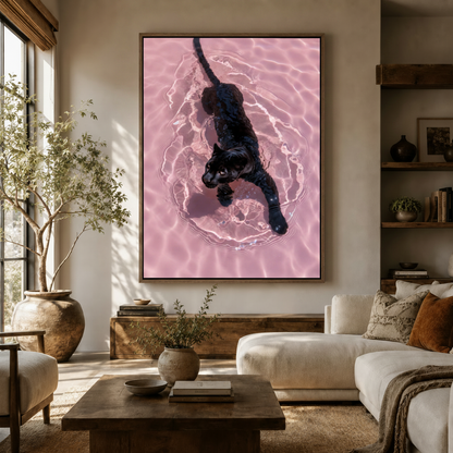 Bold wildlife canvas print of black panther in pink water displayed in Japandi living room