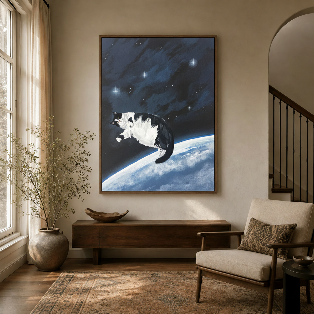 Tuxedo cat in space wall art in dark walnut floater frame in a warm entryway with large window and branches