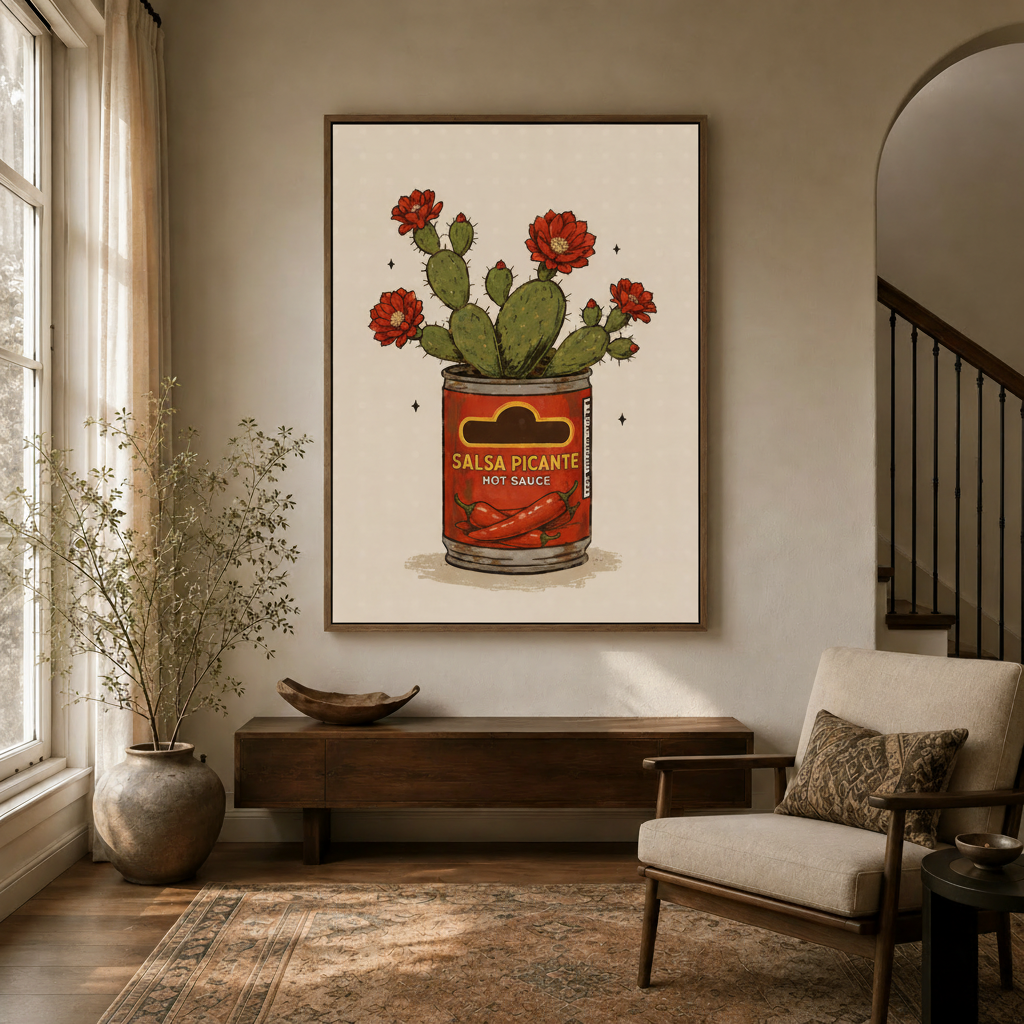 Salsa Picante blooming cactus illustration hanging in a bright hallway entryway with arched doorway