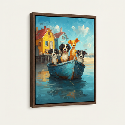 Framed float canvas print featuring whimsical dogs in a boat, dark walnut frame, product mockup view