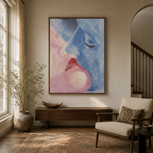  Pink and blue abstract couple painting displayed in bright entryway with arched doorway and dried branches