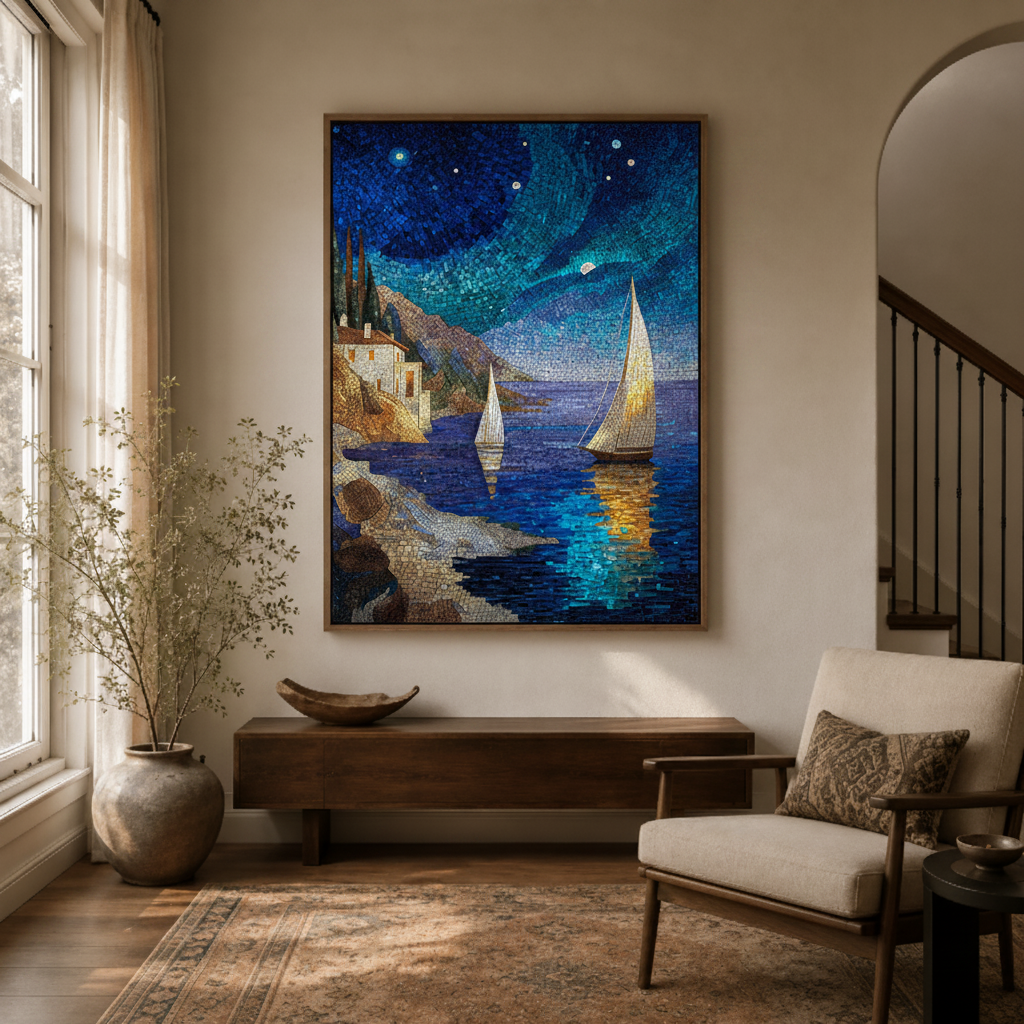 Impressionist sailboat canvas print – dark blue Mediterranean night seascape with glowing village reflection, boho home decor