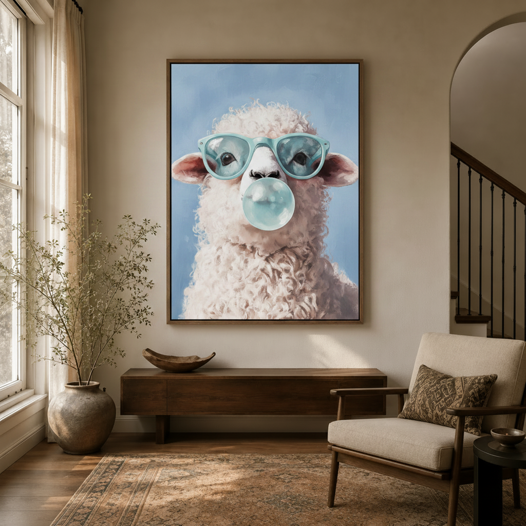 Whimsical sheep bubble gum oil painting in walnut float frame hung in a bright modern entryway