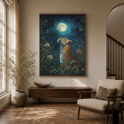 Dark jungle leopard canvas wall art in entryway – moonlit wildlife oil painting as bold statement piece by Aurewall