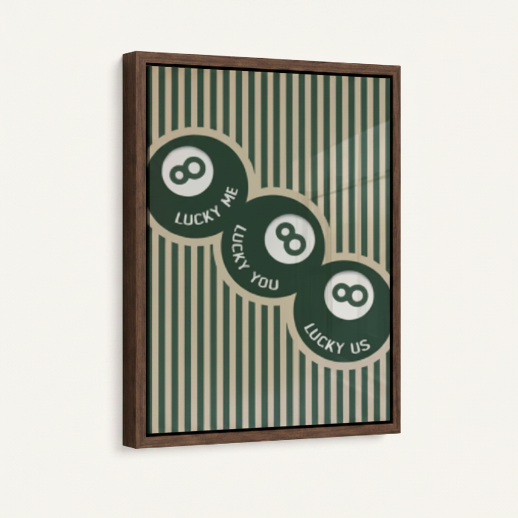 Lucky 8 ball framed canvas wall art – bold green pop art print with three billiard balls and stripe background by Aurewall
