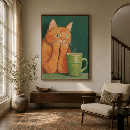 Funny cat wall art in dark walnut float frame hanging in a cozy entryway beside a dried branch arrangement