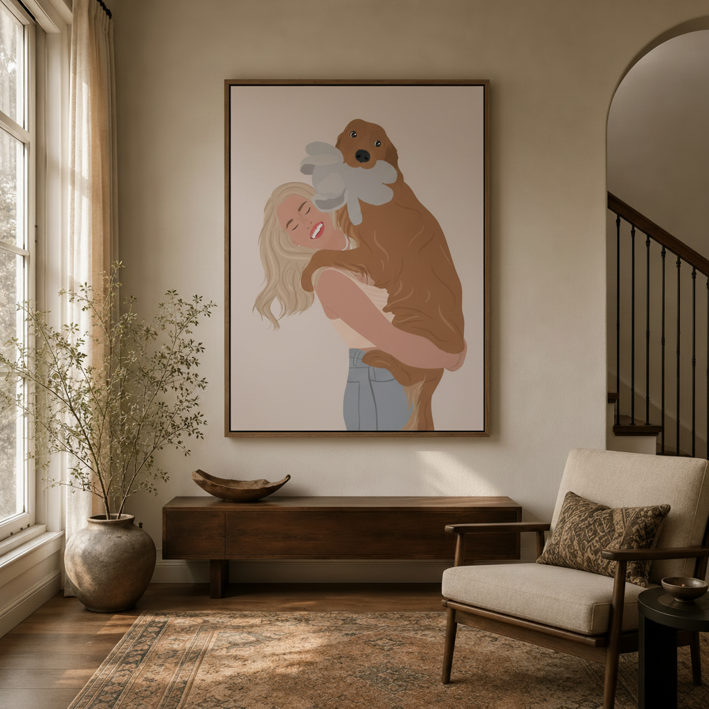 Woman and dog hug wall art hanging in a bright entryway with arched doorway and console table
