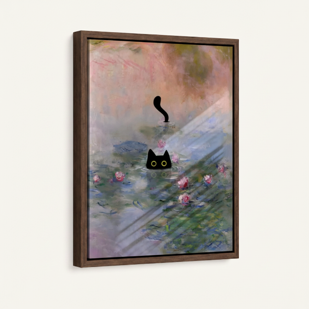 Black cat Monet garden framed canvas wall art – impressionist oil painting with black cat peering down at purple water lily pond in misty dreamlike scene by Aurewall