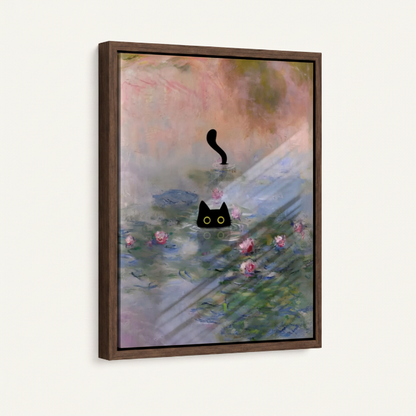 Black cat Monet garden framed canvas wall art – impressionist oil painting with black cat peering down at purple water lily pond in misty dreamlike scene by Aurewall