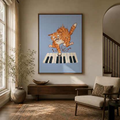Playful cartoon cat wall art print hanging in a cozy entryway with arched doorway and armchair