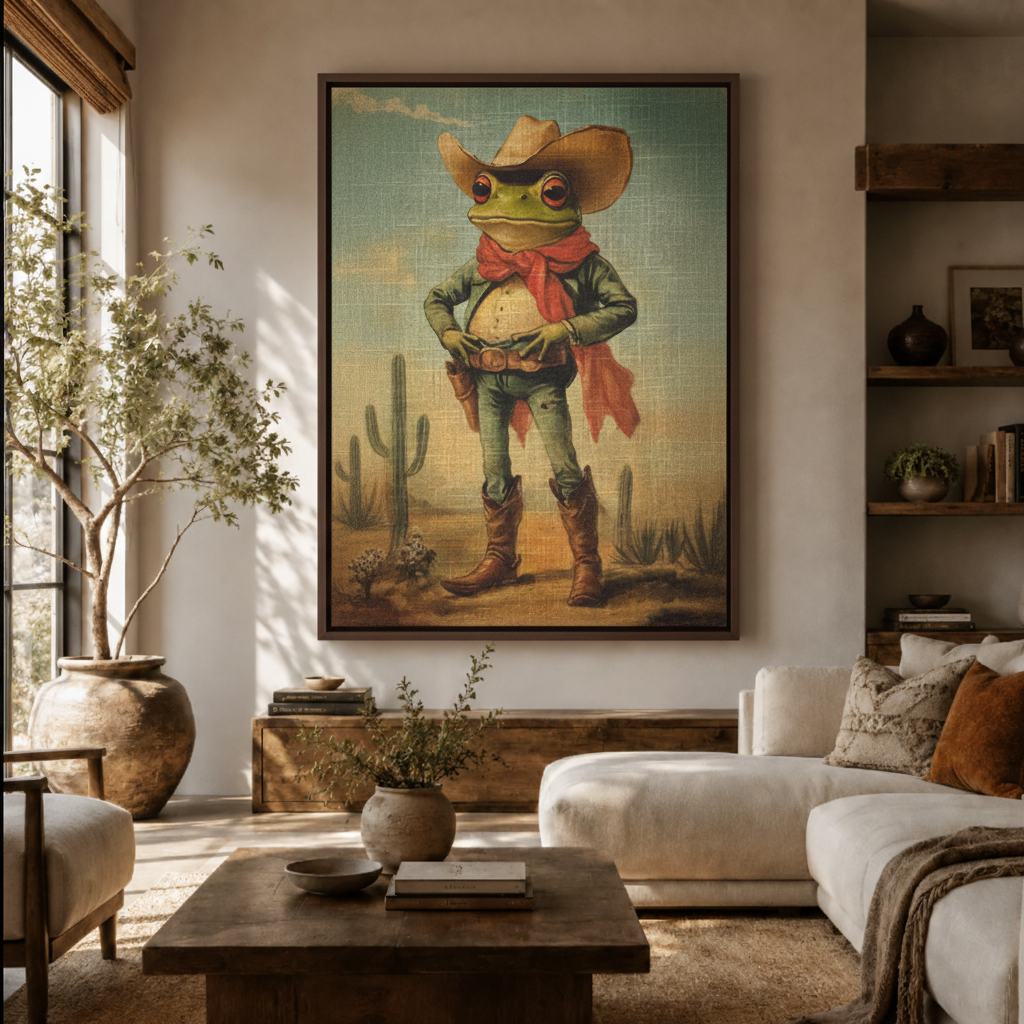 Cowboy frog canvas wall art in living room – funny vintage Western oil painting displayed above sofa as bold conversation piece by Aurewall