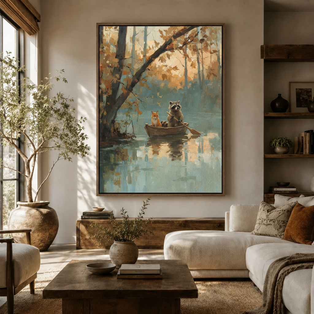 Impressionist animal canvas print of fox and raccoon autumn river scene in living room setting
