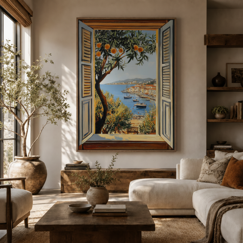 Mediterranean window view canvas wall art in living room – coastal oil painting with blue sea and sailboats displayed above sofa by Aurewall