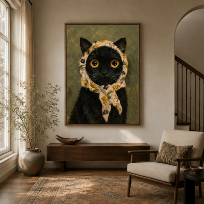 Large impasto black cat portrait in floating frame hung in a bright entryway with natural light