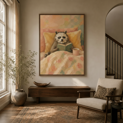 Cozy raccoon impasto wall art print in a modern entryway with dried botanicals and dark walnut console